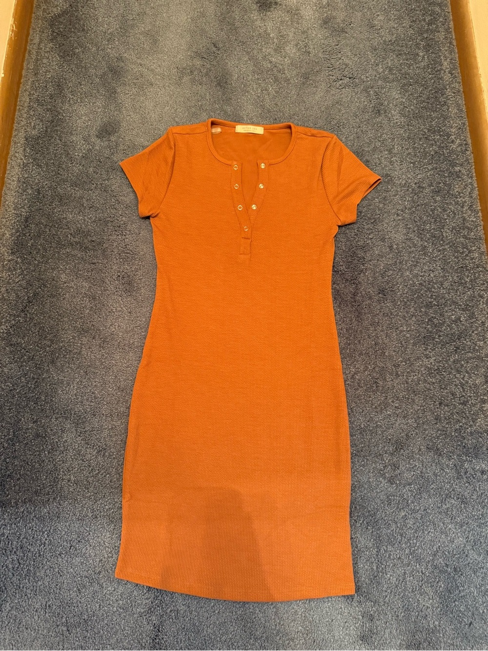 Active USA Short Sleeve Ribbed Henley Dress in Rust Orange